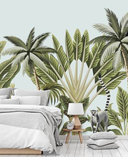 flamingo, monkey, lemur and toucan in jungle wallpaper