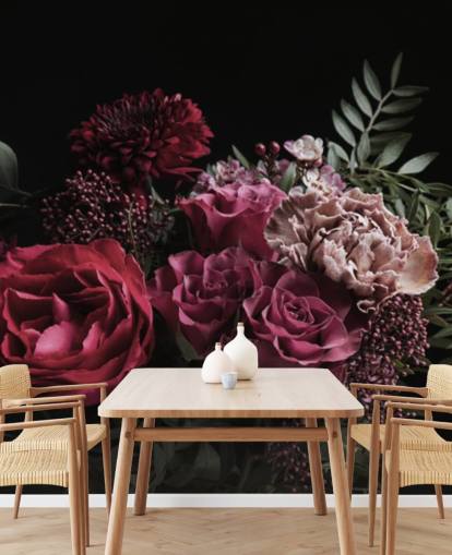 rosa och röda blommor på svart bakgrund tapeter