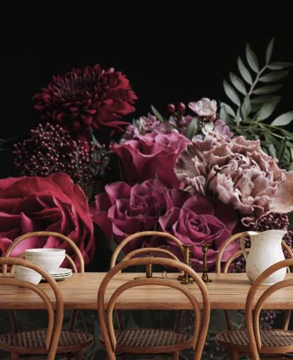 pink and red flowers on black background wallpaper