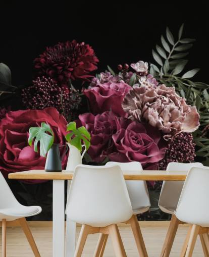 pink and red flowers on black background wallpaper