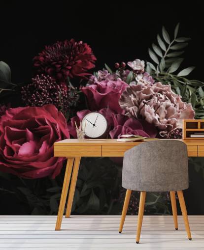 fleurs roses et rouges sur fond noir papier peint