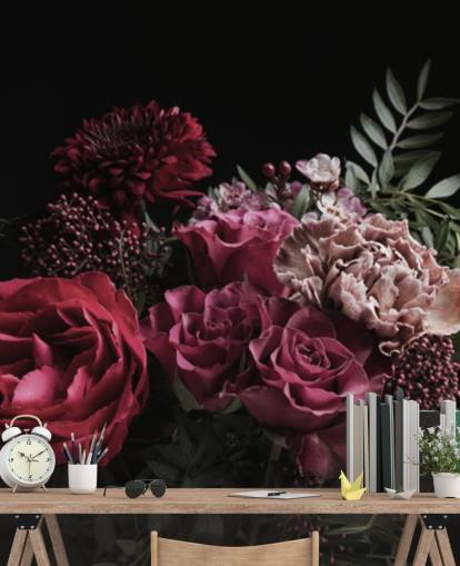 pink and red flowers on black background wallpaper