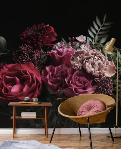 roze en rode bloemen op zwart achtergrondbehang roze en rode bloemen op zwart achtergrondbehang
