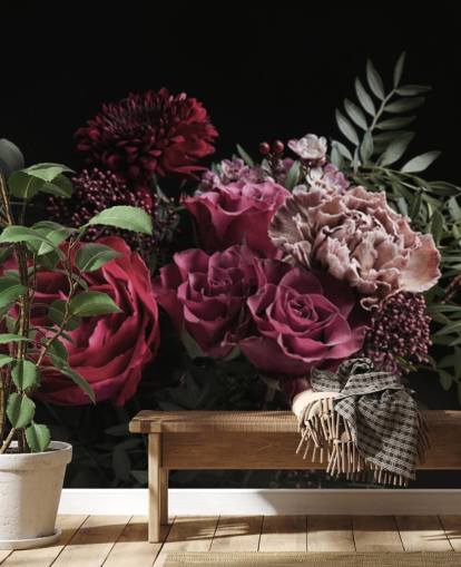 fleurs roses et rouges sur fond noir papier peint