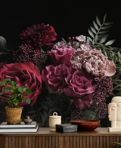 pink and red flowers on black background wallpaper