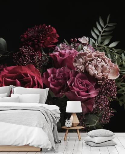 pink and red flowers on black background wallpaper