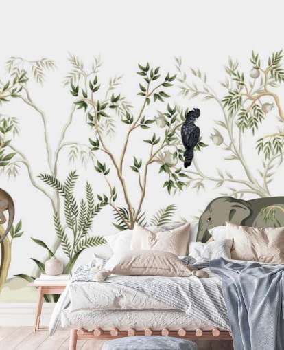 elephant, monkeys and and bird jungle wallpaper