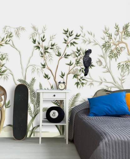 papel pintado de elefantes, monos y aves de la selva