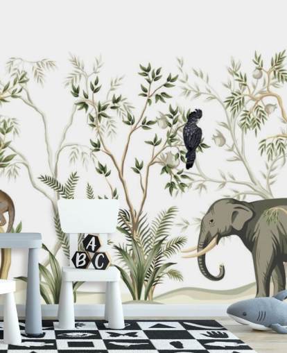 elefante, macacos e papel de parede da selva de pássaros