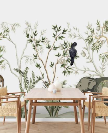 papel pintado de elefantes, monos y aves de la selva