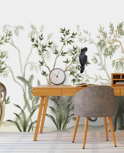 elephant, monkeys and and bird jungle wallpaper