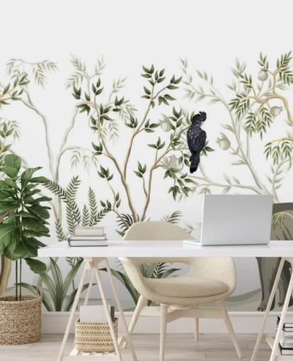 papel pintado de elefantes, monos y aves de la selva