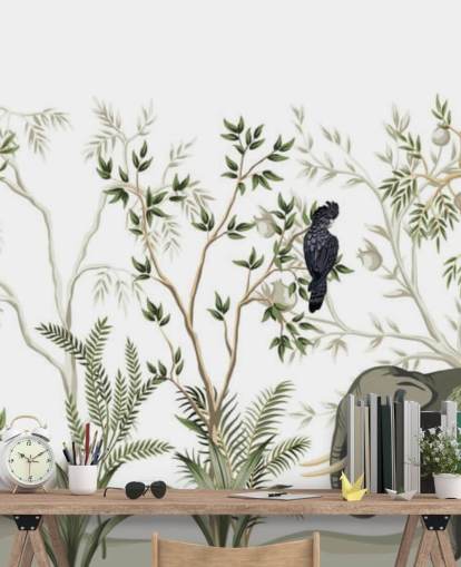 papel pintado de elefantes, monos y aves de la selva