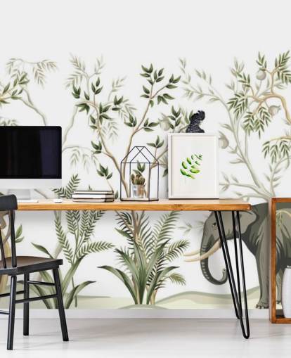 elephant, monkeys and and bird jungle wallpaper