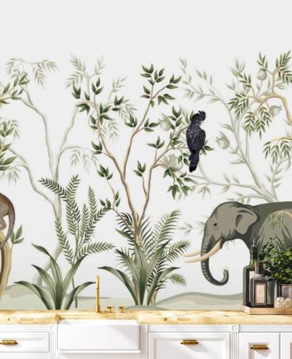 carta da parati elefante, scimmie e giungla di uccelli