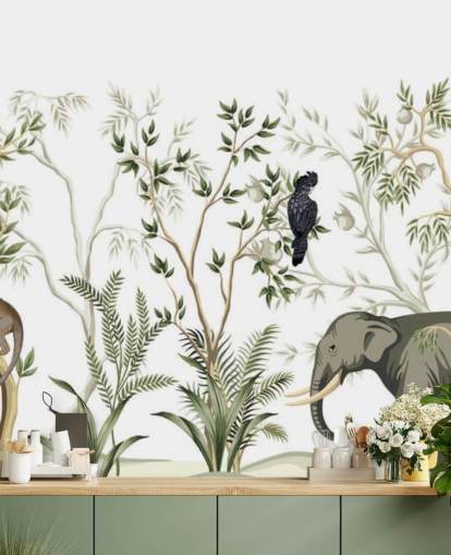 papel pintado de elefantes, monos y aves de la selva