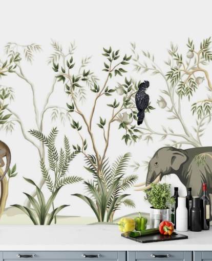 elefante, macacos e papel de parede da selva de pássaros