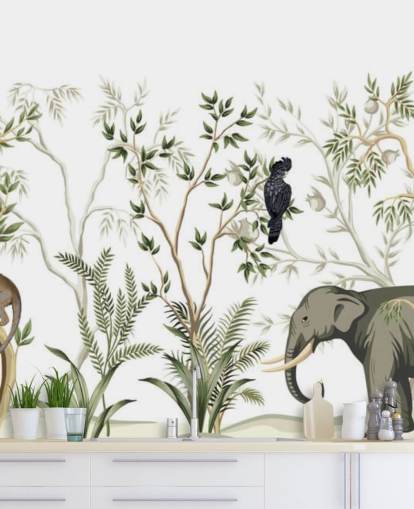 papel pintado de elefantes, monos y aves de la selva