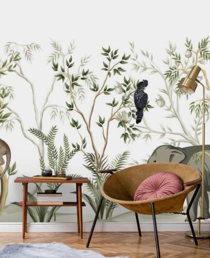 elephant, monkeys and and bird jungle wallpaper