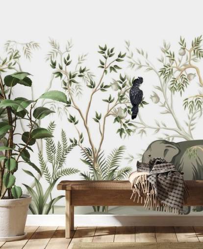 papel pintado de elefantes, monos y aves de la selva