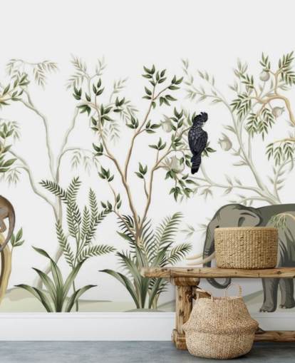 papel pintado de elefantes, monos y aves de la selva