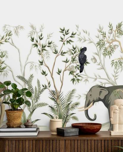 fond d'écran d'éléphant, de singes et d'oiseaux