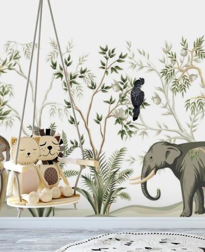 elefant, aper og og fugl jungel tapet