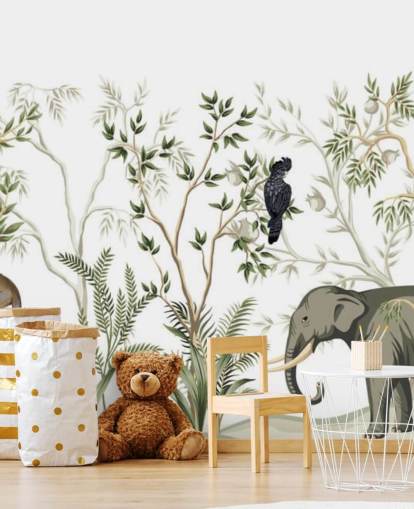 olifant, apen en vogel jungle behang olifant, apen en vogel jungle behang