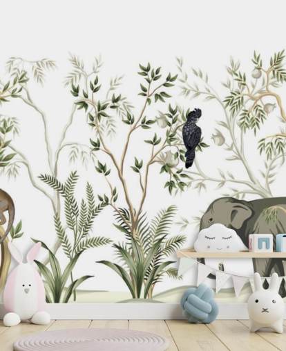 olifant, apen en vogel jungle behang