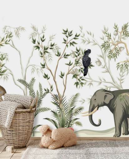 elefante, macacos e papel de parede da selva de pássaros