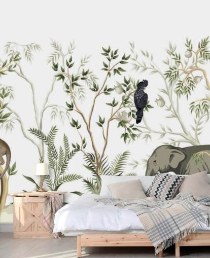 papel pintado de elefantes, monos y aves de la selva