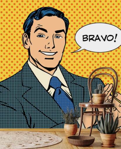 retro zakenman klappen handen en zegt bravo behang