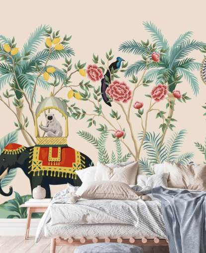 illustrated dressed elephant, peacock and monkey in flowered jungle wallpaper