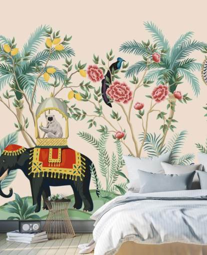 illustrated dressed elephant, peacock and monkey in flowered jungle wallpaper