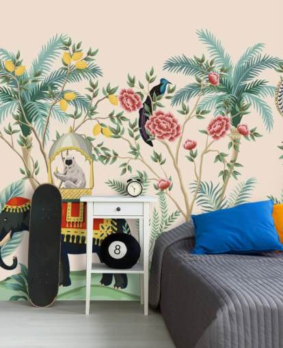 illustrated dressed elephant, peacock and monkey in flowered jungle wallpaper