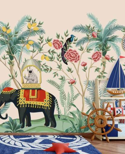 elefante vestido ilustrado, pavão e macaco em papel de parede selva florido