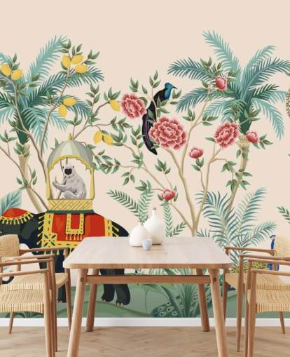 illustrert kledd elefant, påfugl og ape i blomstrede jungelen tapet