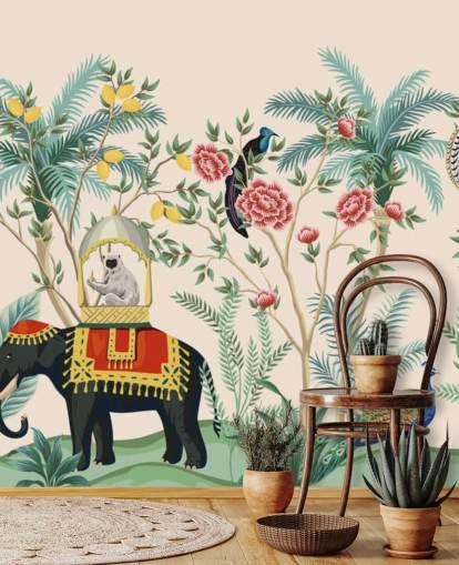 illustrated dressed elephant, peacock and monkey in flowered jungle wallpaper