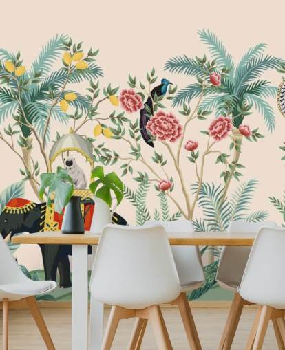 elefante vestido ilustrado, pavão e macaco em papel de parede selva florido