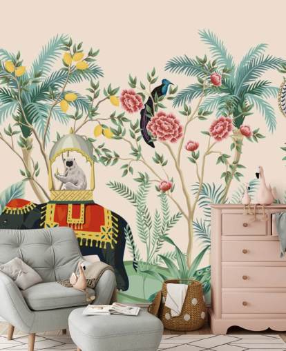 illustrerade klädd elefant, påfågel och apa i blommig djungel tapeter