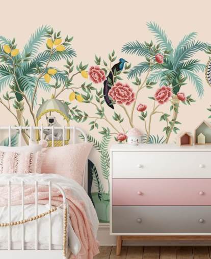 illustrierter gekleideter Elefant, Pfau und Affe im blühenden Dschungel Tapete