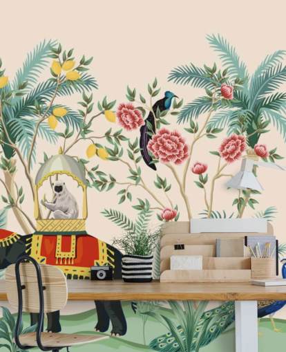 illustrated dressed elephant, peacock and monkey in flowered jungle wallpaper