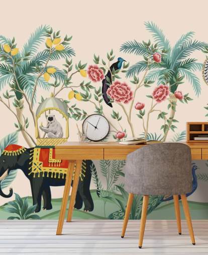 illustrated dressed elephant, peacock and monkey in flowered jungle wallpaper