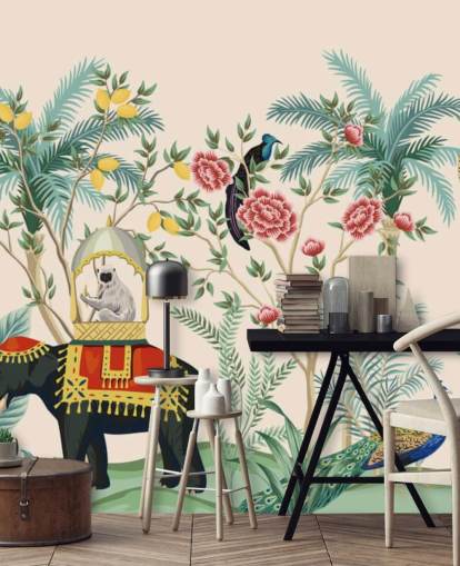 illustrerade klädd elefant, påfågel och apa i blommig djungel tapeter illustrerade klädd elefant, påfågel och apa i blommig djungel tapeter