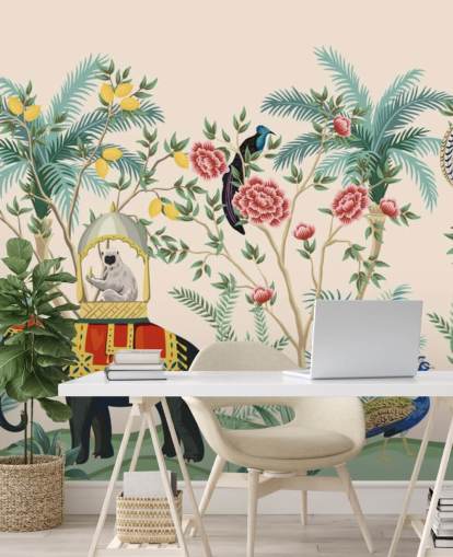 illustrerade klädd elefant, påfågel och apa i blommig djungel tapeter