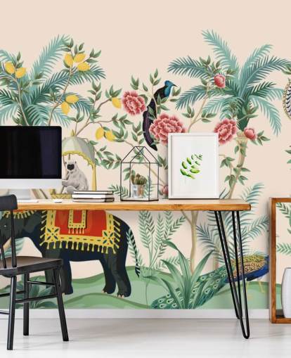 elefante vestido ilustrado, pavão e macaco em papel de parede selva florido