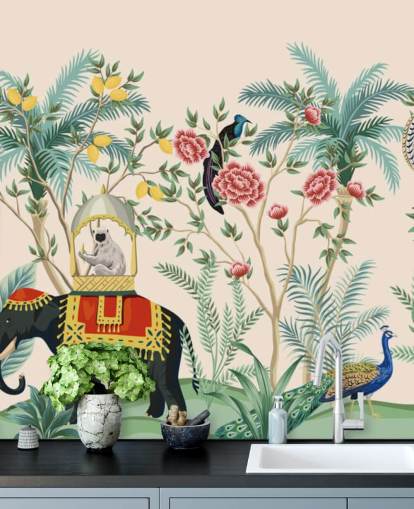 illustrerade klädd elefant, påfågel och apa i blommig djungel tapeter