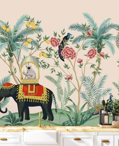 Illustrato vestito elefante, pavone e scimmia nella giungla fiorita carta da parati