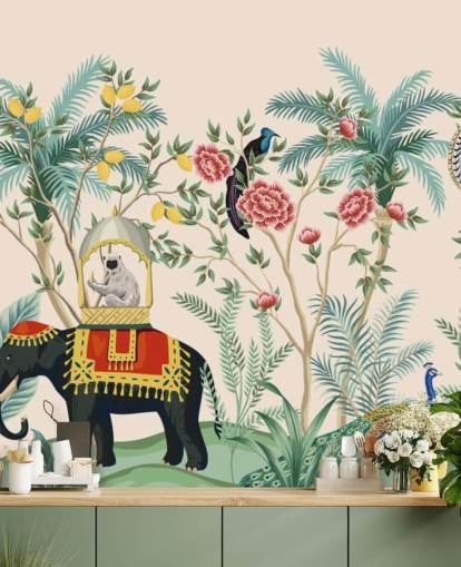 illustrert kledd elefant, påfugl og ape i blomstrede jungelen tapet