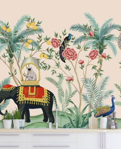 illustrated dressed elephant, peacock and monkey in flowered jungle wallpaper